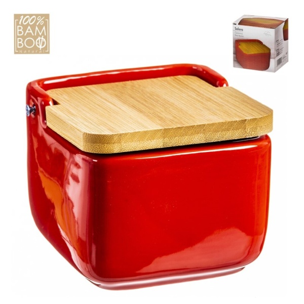 Salero cerámica tapa bambú rojo
