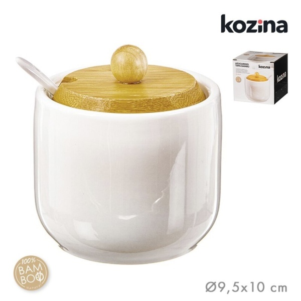 Azucarero cerámica tapa bambú – blanco